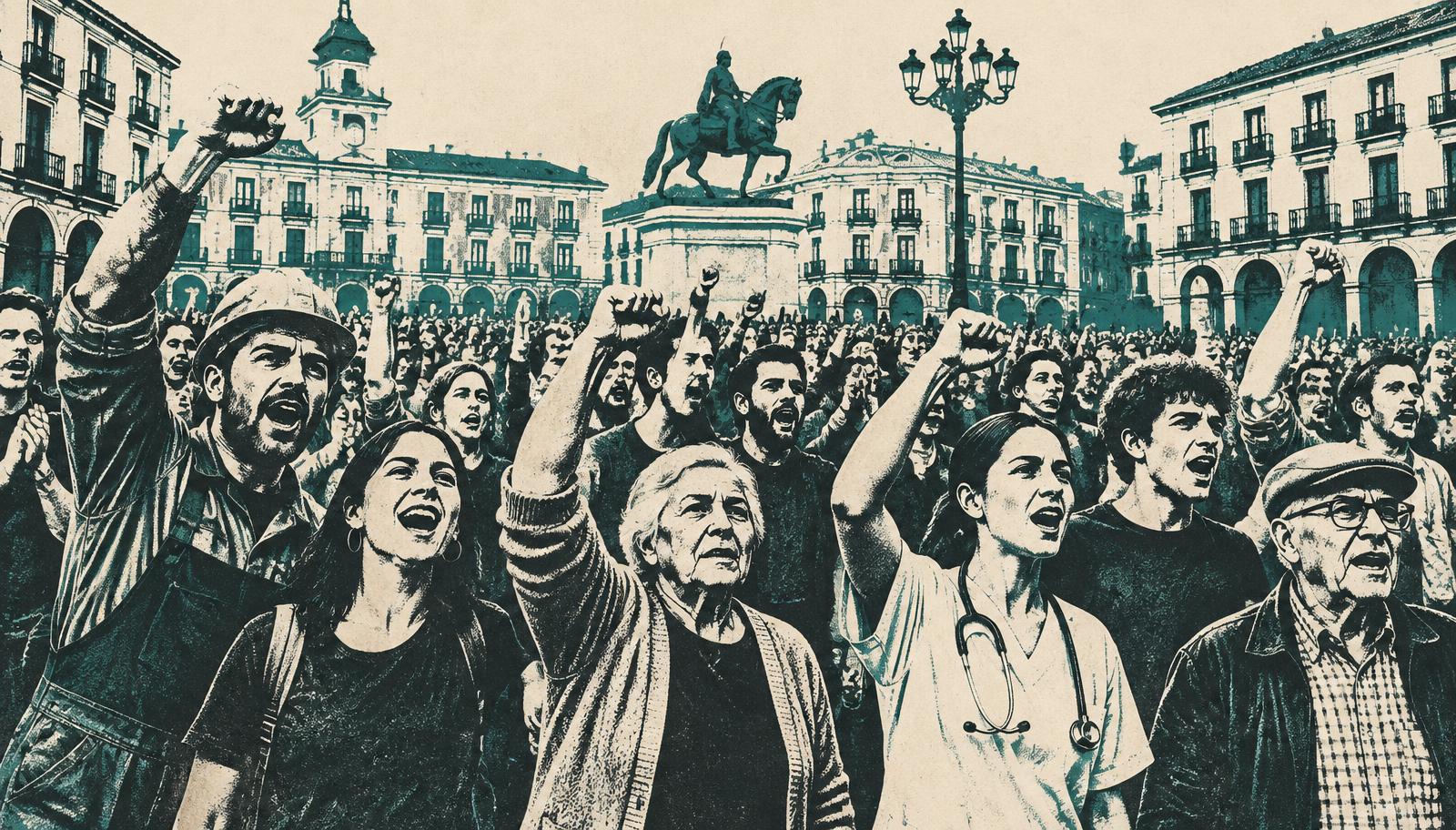 Ciudadanía reunida en una plaza con los puños en alto